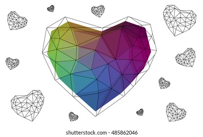 Dark Multicolor heart isolated on white background. Geometric rumpled triangular low poly origami style gradient graphic illustration. Vector polygonal design for your business.
