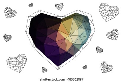 Dark Multicolor heart isolated on white background. Geometric rumpled triangular low poly origami style gradient graphic illustration. Vector polygonal design for your business.
