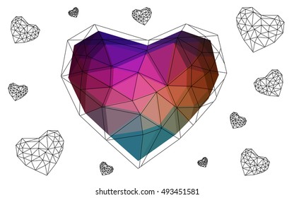 Dark Multicolor heart isolated on white background. Geometric rumpled triangular low poly origami style gradient graphic illustration. Vector polygonal design for your business.