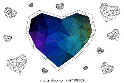 Dark Multicolor heart isolated on white background. Geometric rumpled triangular low poly origami style gradient graphic illustration. Vector polygonal design for your business.