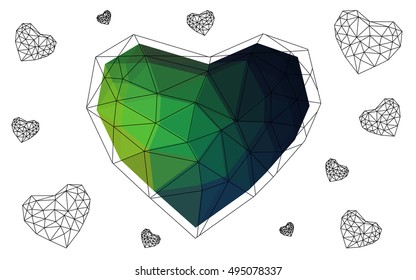 Dark Multicolor heart isolated on white background. Geometric rumpled triangular low poly origami style gradient graphic illustration. Vector polygonal design for your business.