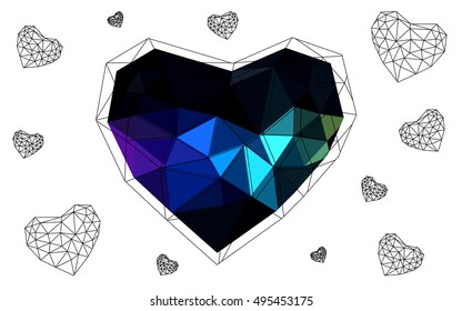 Dark Multicolor heart isolated on white background. Geometric rumpled triangular low poly origami style gradient graphic illustration. Vector polygonal design for your business.
