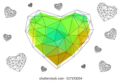Dark Multicolor heart isolated on white background. Geometric rumpled triangular low poly origami style gradient graphic illustration. Vector polygonal design for your business.