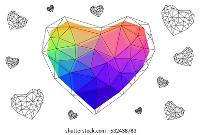 Dark Multicolor heart isolated on white background. Geometric rumpled triangular low poly origami style gradient graphic illustration. Vector polygonal design for your business.