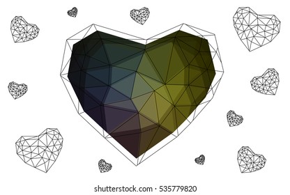 Dark Multicolor heart isolated on white background. Geometric rumpled triangular low poly origami style gradient graphic illustration. Vector polygonal design for your business.