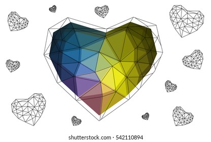 Dark Multicolor heart isolated on white background. Geometric rumpled triangular low poly origami style gradient graphic illustration. Vector polygonal design for your business.