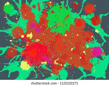 Dark multicolor paint artistic layered splashes background. Vector gray, green and red wallpaper, horizontal format.