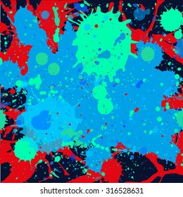 Dark multicolor paint artistic layered splashes background.