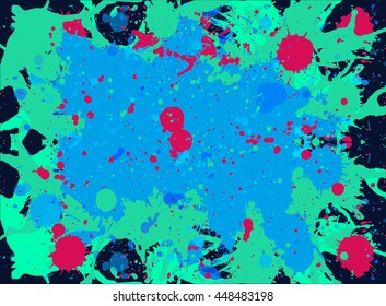 Dark multicolor paint artistic layered splashes background.