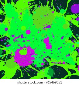 Dark multicolor paint artistic layered splashes background. Vector acid green, purple and black illustration.