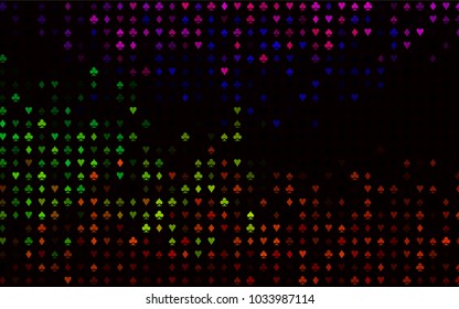 Dark Multicolor, Rainbow vector background with cards signs. Shining illustration with hearts, spades, clubs, diamonds. Design for ad, poster, banner of gambling websites.