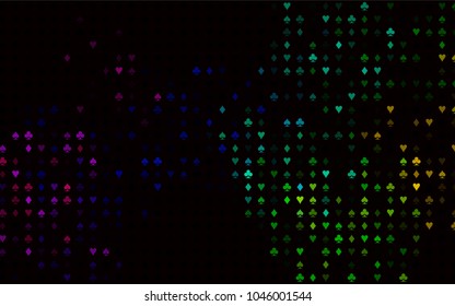 Dark Multicolor, Rainbow vector background with cards signs. Colorful gradient with signs of hearts, spades, clubs, diamonds. Template for business cards of casinos.