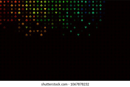 Dark Multicolor, Rainbow vector background with cards signs. Blurred decorative design of hearts, spades, clubs, diamonds. Template for business cards of casinos.
