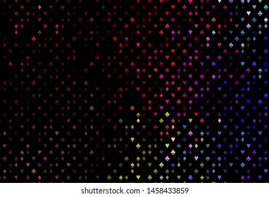 Dark Multicolor, Rainbow vector background with cards signs. Blurred decorative design of hearts, spades, clubs, diamonds. Design for ad, poster, banner of gambling websites.