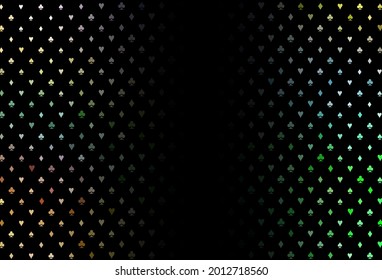 Dark multicolor, rainbow vector background with cards signs. Blurred decorative design of hearts, spades, clubs, diamonds. Design for ad, poster, banner of gambling websites.