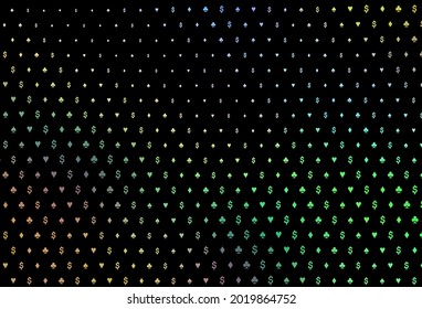 Dark multicolor, rainbow vector background with cards signs. Shining illustration with hearts, spades, clubs, diamonds. Pattern for leaflets of poker games, events.