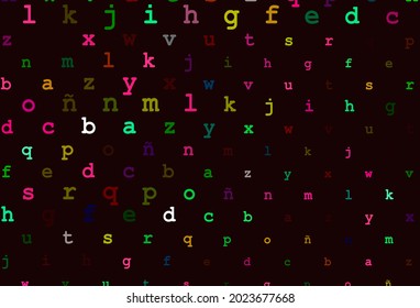 Dark multicolor, rainbow vector background with signs of alphabet. Modern geometrical illustration with ABC english symbols. The pattern can be used as ads, poster, banner for books.
