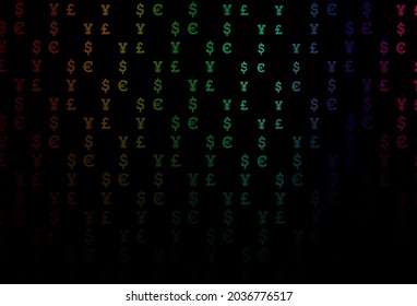 Dark multicolor, rainbow vector background with EUR, USD, GBP, JPY. Abstract illustration with colored financial digital symbols. Best design for your ad, poster, banner of money.