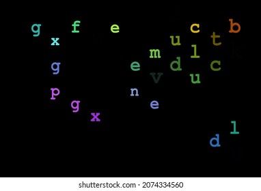 Dark multicolor, rainbow vector background with signs of alphabet. Modern geometrical illustration with ABC english symbols. Template can be used as a background for ads of typography.