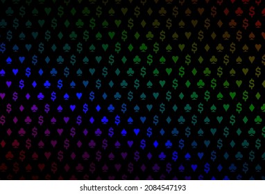 Dark multicolor, rainbow vector background with cards signs. Glitter abstract sketch with isolated symbols of playing cards. Pattern for booklets, leaflets of gambling houses.