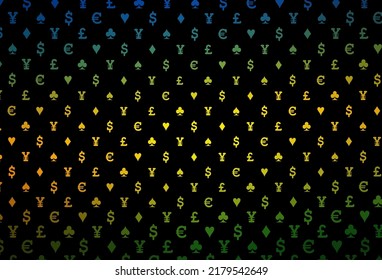 Dark multicolor, rainbow vector background with cards signs. Glitter abstract sketch with isolated symbols of playing cards. Pattern for leaflets of poker games, events.