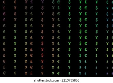 Dark multicolor, rainbow vector background with EUR, USD, GBP, JPY. Colored symbols of all currency on white background. The pattern can be used as ads, poster, banner for payments.