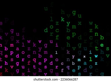 Dark multicolor, rainbow vector background with signs of alphabet. Shining colorful illustration with isolated letters. Smart design for your business advert of university.