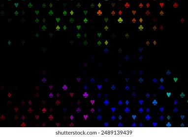 Dark Multicolor, Rainbow vector background with cards signs. Blurred decorative design of hearts, spades, clubs, diamonds. Design for ad, poster, banner of gambling websites.