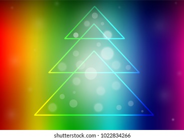 Dark Multicolor, Rainbow vector cover with a xmas tree. Decorative shining illustration with xmas tree on abstract template. New year design for your ad, poster, banner.