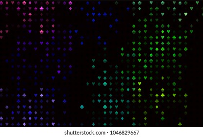 Dark Multicolor, Rainbow vector cover with symbols of gamble. Blurred decorative design of hearts, spades, clubs, diamonds. Template for business cards of casinos.