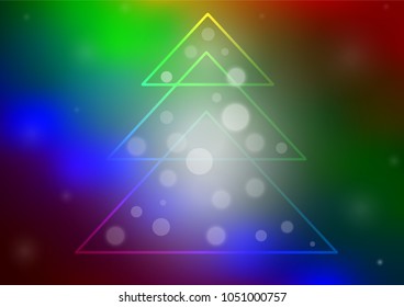 Dark Multicolor, Rainbow vector cover with a xmas tree. Christmas tree on blurred abstract background with gradient. New year design for your business advert.