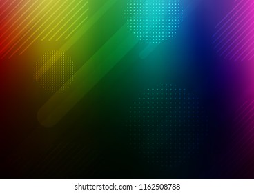 Dark Multicolor, Rainbow vector cover with rounded stripes, dots. Blurred decorative design in simple style with lines, circles. The pattern can be used as ads, poster, banner for commercial.
