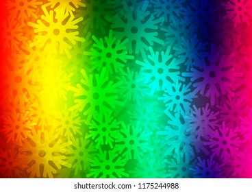 Dark Multicolor, Rainbow vector cover with beautiful snowflakes. Glitter abstract illustration with crystals of ice. The template can be used as a new year background.