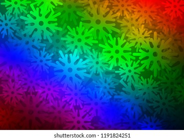 Dark Multicolor, Rainbow vector cover with beautiful snowflakes. Shining colored illustration with snow in christmas style. The pattern can be used for new year ad, booklets.