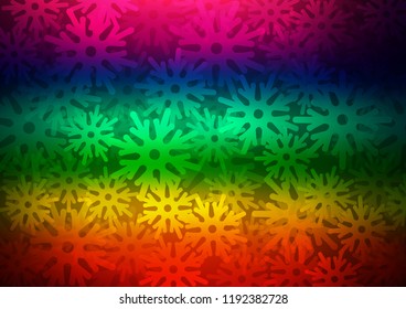 Dark Multicolor, Rainbow vector cover with beautiful snowflakes. Blurred decorative design in xmas style with snow. The template can be used as a new year background.