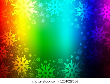 Dark Multicolor, Rainbow vector cover with beautiful snowflakes. Modern geometrical abstract illustration with crystals of ice. New year design for your ad, poster, banner.