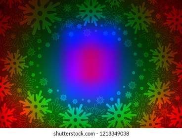 Dark Multicolor, Rainbow vector cover with beautiful snowflakes. Snow on blurred abstract background with gradient. New year design for your ad, poster, banner.