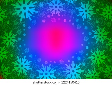 Dark Multicolor, Rainbow vector cover with beautiful snowflakes. Snow on blurred abstract background with gradient. The pattern can be used for new year ad, booklets.