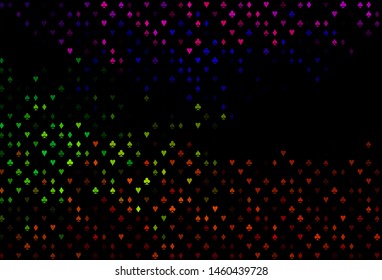 Dark Multicolor, Rainbow vector cover with symbols of gamble. Blurred decorative design of hearts, spades, clubs, diamonds. Template for business cards of casinos.