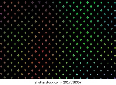 Dark multicolor, rainbow vector cover with symbols of gamble. Shining illustration with hearts, spades, clubs, diamonds. Pattern for ads of parties, events in Vegas.