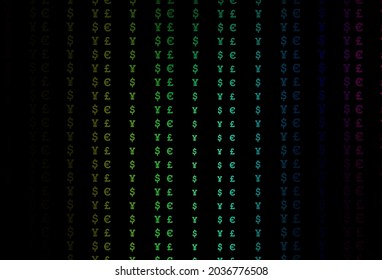 Tapa vectorial de color multicolor oscuro con EUR, USD, GBP, JPY. Diseño desenfocado con símbolos de dólar, USD, ee.uu. Mejor diseño para tu anuncio, afiche, banner de dinero.