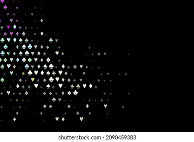 Tapa vectorial multicolor oscuro, arco iris con símbolos de juego. Decoración borrosa de corazones, espadas, palos, diamantes. Patrón para anuncios de fiestas, eventos en Las Vegas.