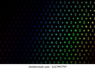 Dark multicolor, rainbow vector cover with symbols of gamble. Blurred decorative design of hearts, spades, clubs, diamonds. Design for ad, poster, banner of gambling websites.