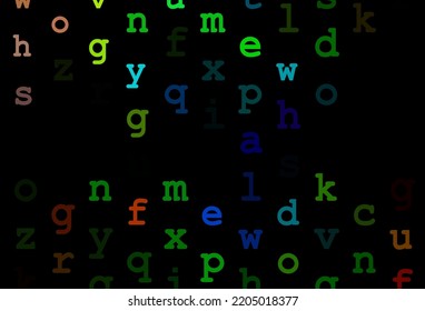 Dark multicolor, rainbow vector cover with english symbols. Abstract illustration with colored latin alphabet. Best design for your ad, poster, banner of college.