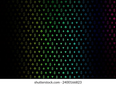 Dark multicolor, rainbow vector cover with symbols of gamble. Shining illustration with hearts, spades, clubs, diamonds. Pattern for booklets, leaflets of gambling houses.