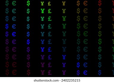 Tapa vectorial de color multicolor oscuro con EUR, USD, GBP, JPY. Símbolos coloreados de todas las divisas sobre fondo blanco. Mejor diseño para tu anuncio, afiche, banner de dinero.