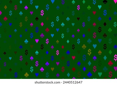 Dark multicolor, rainbow vector cover with symbols of gamble. Glitter abstract sketch with isolated symbols of playing cards. Template for business cards of casinos.