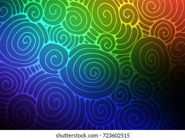 Dark Multicolor, Rainbow vector indian curved background. Doodles on blurred abstract background with gradient. A completely new template for your business design.