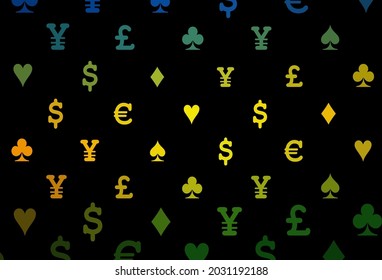 Dark multicolor, rainbow vector layout with elements of cards. Glitter abstract sketch with isolated symbols of playing cards. Design for ad, poster, banner of gambling websites.