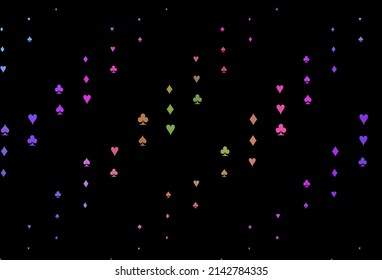 Dark Multicolor, Rainbow vector layout with elements of cards. Shining illustration with hearts, spades, clubs, diamonds. Template for business cards of casinos.